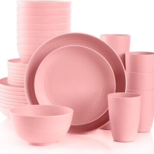 Pink Dinnerware Sets for 8,Pink Plates and Bowls Sets Plastic,Wheat Straw Dinnerware Sets Unbreakable Microwave Safe Lightweight,32 Pcs Pink Dishes Set for Kids Elderly Kitchen Adults Outdoor