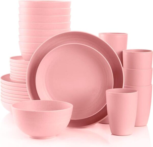 Pink Dinnerware Sets for 8,Pink Plates and Bowls Sets Plastic,Wheat Straw Dinnerware Sets Unbreakable Microwave Safe Lightweight,32 Pcs Pink Dishes Set for Kids Elderly Kitchen Adults Outdoor