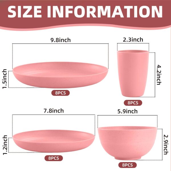Pink Dinnerware Sets for 8,Pink Plates and Bowls Sets Plastic,Wheat Straw Dinnerware Sets Unbreakable Microwave Safe Lightweight,32 Pcs Pink Dishes Set for Kids Elderly Kitchen Adults Outdoor - Image 2