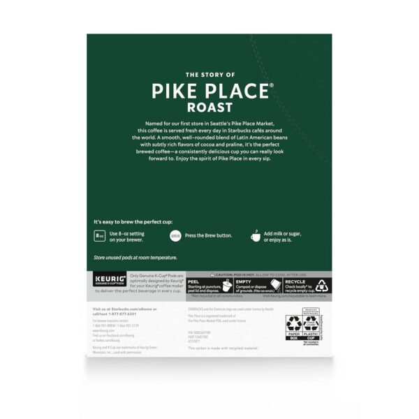 Starbucks K-Cup Coffee Pods, Medium Roast Coffee, Pike Place Roast for Keurig Brewers, 100% Arabica, 4 boxes (96 pods total - Image 6