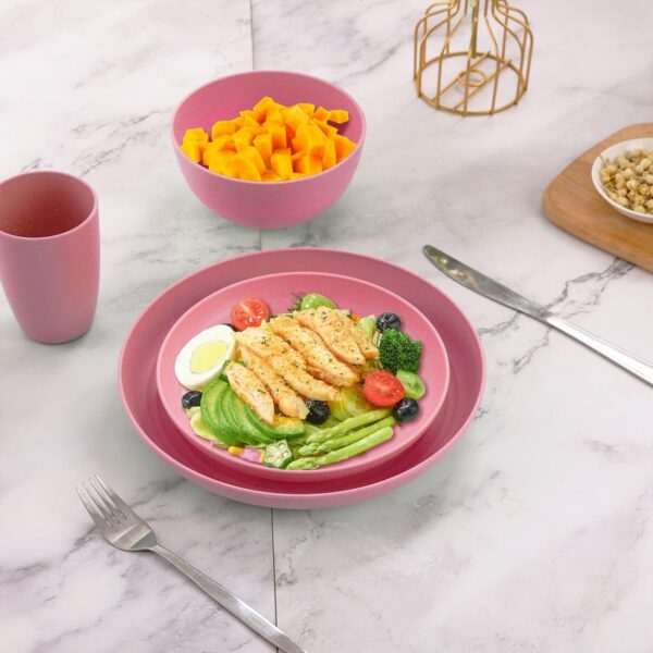 Pink Dinnerware Sets for 8,Pink Plates and Bowls Sets Plastic,Wheat Straw Dinnerware Sets Unbreakable Microwave Safe Lightweight,32 Pcs Pink Dishes Set for Kids Elderly Kitchen Adults Outdoor - Image 3