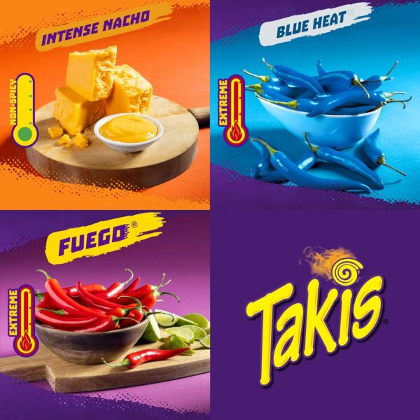 Takis 40 pc / 1 oz Hero Variety Pack, Assorted Flavored Mixed Rolled Tortilla Chips – (20) Fuego 1 oz, (10) Blue Heat 1 oz, (10) Intense Nacho 1 oz - Image 2