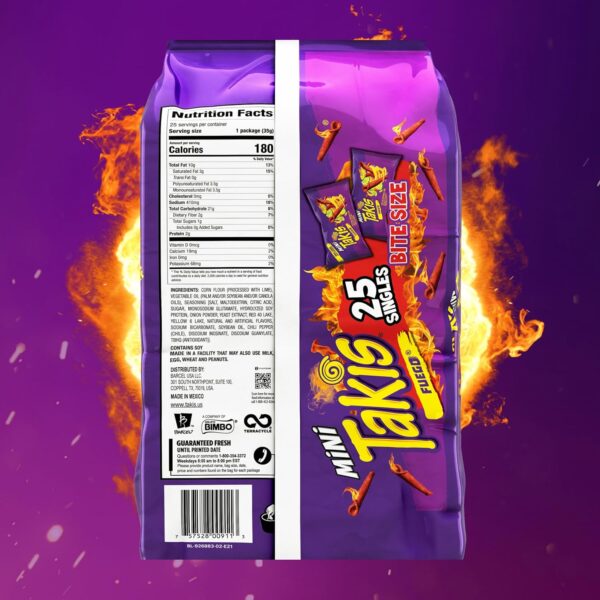 Takis Fuego Mini 25 pc / 1.23 oz Bite Size Multipack, Hot Chili Pepper & Lime Flavored Extreme Spicy Rolled Tortilla Chips - Image 5