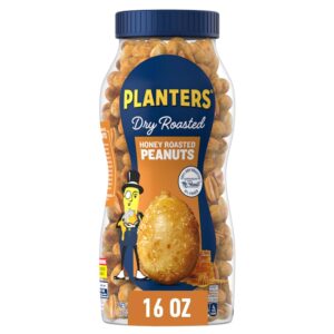 PLANTERS Honey Roasted Peanuts, Dry Roasted Peanuts, Party Snack, Plant-Based Protein, After School Snack, Sweet and Salty, Salted Nuts, Sea Salt & Honey, Snacks for Adults, Kosher, 16oz Jar