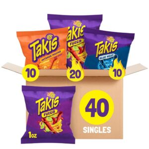 Takis 40 pc / 1 oz Hero Variety Pack, Assorted Flavored Mixed Rolled Tortilla Chips – (20) Fuego 1 oz, (10) Blue Heat 1 oz, (10) Intense Nacho 1 oz